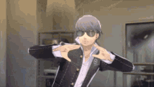 a man wearing sunglasses is making a funny face in a room .