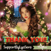 a woman in a green dress is holding a butterfly and says thank you !