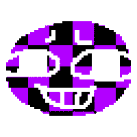 a pixel art drawing of a purple and black checkered circle with a smiley face .