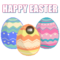 three colorful easter eggs with the words happy easter