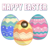 three colorful easter eggs with the words happy easter