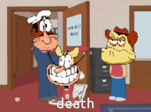 a cartoon of a man and two cartoon characters with the word death in the corner