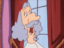 a cartoon character with gray hair and a mustache is looking out of a window