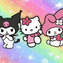 hello kitty and my melody are standing next to each other on a colorful background