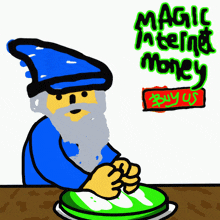 a cartoon of a wizard pressing a button that says buy us
