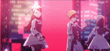 a group of anime girls are standing on a stage with a red background