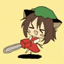 a cartoon character is holding a chainsaw .
