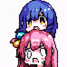 a pixel art drawing of a girl with blue hair