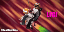 a cartoon of a man riding a dog with the words lfg in pink