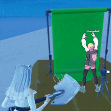a girl in a video game is standing in front of a green screen