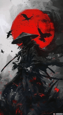 a painting of a samurai holding a sword with birds flying around him