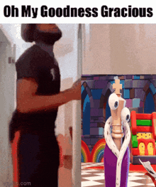 a picture of a man standing next to a picture of a cartoon character with the caption oh my goodness gracious