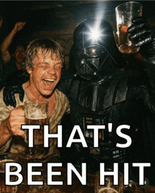 a picture of darth vader and luke skywalker drinking beer
