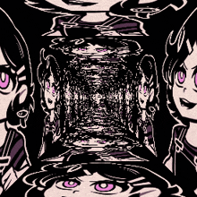 a cartoon of a girl with purple eyes standing in a tunnel .