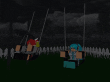 a girl with blue hair and headphones is sitting on a swing