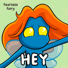 a cartoon of a blue fairy says hey