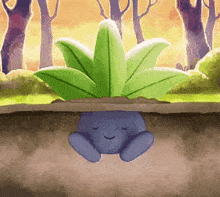 a cartoon character is sleeping in the dirt with a plant growing out of the ground .