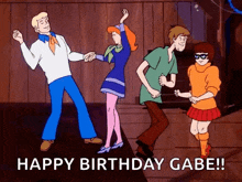 a group of scooby doo characters are dancing with the words happy birthday gabe written below them