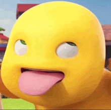 a close up of a yellow cartoon character with its tongue hanging out .