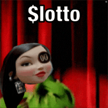 a woman with a dollar sign on her eye is standing in front of a red curtain with the words $ lotto above her