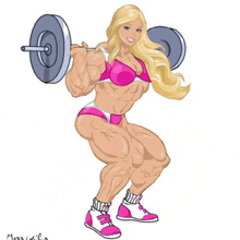a cartoon drawing of a woman squatting with a barbell on her shoulders