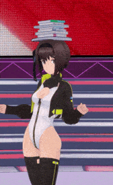 a girl with a stack of dvds on her head in a video game