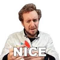a man with a beard is holding a red pepper with the word nice written on it