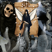 a picture of a grim reaper surrounded by ghosts and a gravestone that says rip