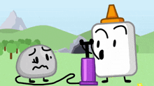 a cartoon drawing of a rock and a bottle of glue standing next to each other
