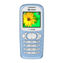 a blue sagem phone with a yellow flower on the screen