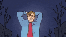 a drawing of a man with his hands behind his head and a red tie