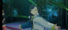 a girl is standing in a dark room with her arms outstretched in a video game .