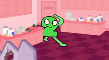 a cartoon of a green character in a kitchen