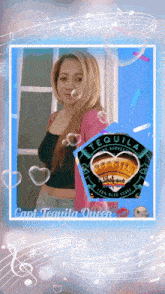 a picture of a woman with a tequila logo in the background