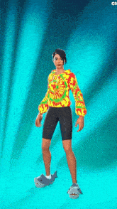 a woman in a tie dye hoodie and shark slippers is standing in front of a blue background .