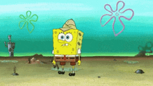 a cartoon of spongebob wearing a hat and tie is standing on a beach .