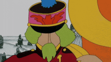a cartoon drawing of a man with a green beard wearing a red hat