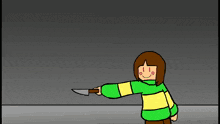 a cartoon character in a green and yellow sweater is holding a knife