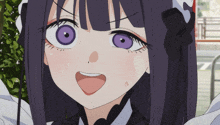 a girl with purple eyes is wearing a maid uniform