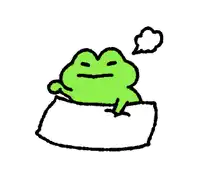 a green frog is sitting on a white pillow with a speech bubble above its head .