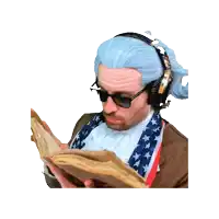 a man with a blue wig and headphones is reading a book
