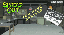 an advertisement for spaced out shows a kitchen with a welcome to the team sign