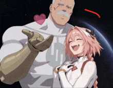 a man and a girl are posing for a picture with a heart on the man 's chest