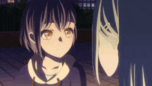 two anime characters are looking at each other and one has a ponytail on