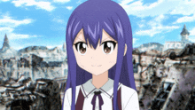 a girl with purple hair and brown eyes is standing in front of a destroyed city