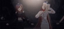 a group of anime girls are dancing in a dark room .