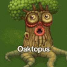 a cartoon monster with a purple mouth and a tree trunk on its head .