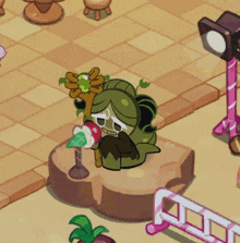 a cartoon character is sitting on a stump with a flower in her hand