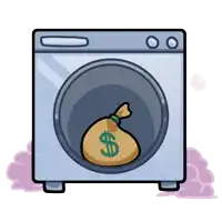 a cartoon illustration of a washing machine with a bag of money inside of it