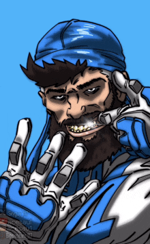 a drawing of a man with a beard and a blue hat has the name skyguy on the bottom